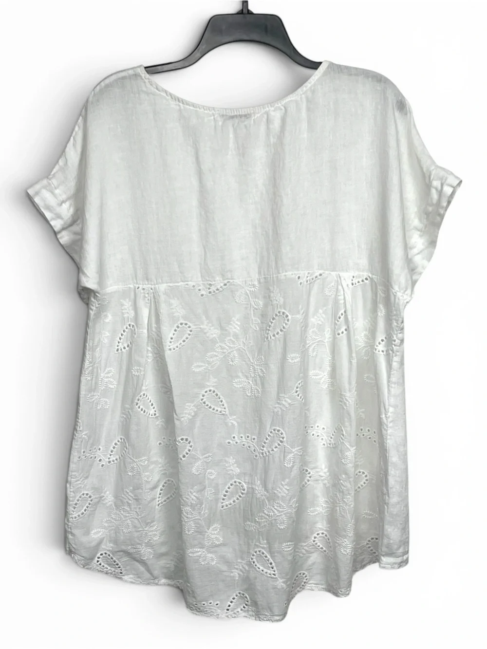 100% linen made in Italy White Short Sleeve Tunic with Eyelet Hem back details M - Picture 3 of 5